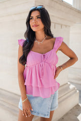 After All This Pink Ruffle Shoulder Cinched Bust Tank FINAL SALE