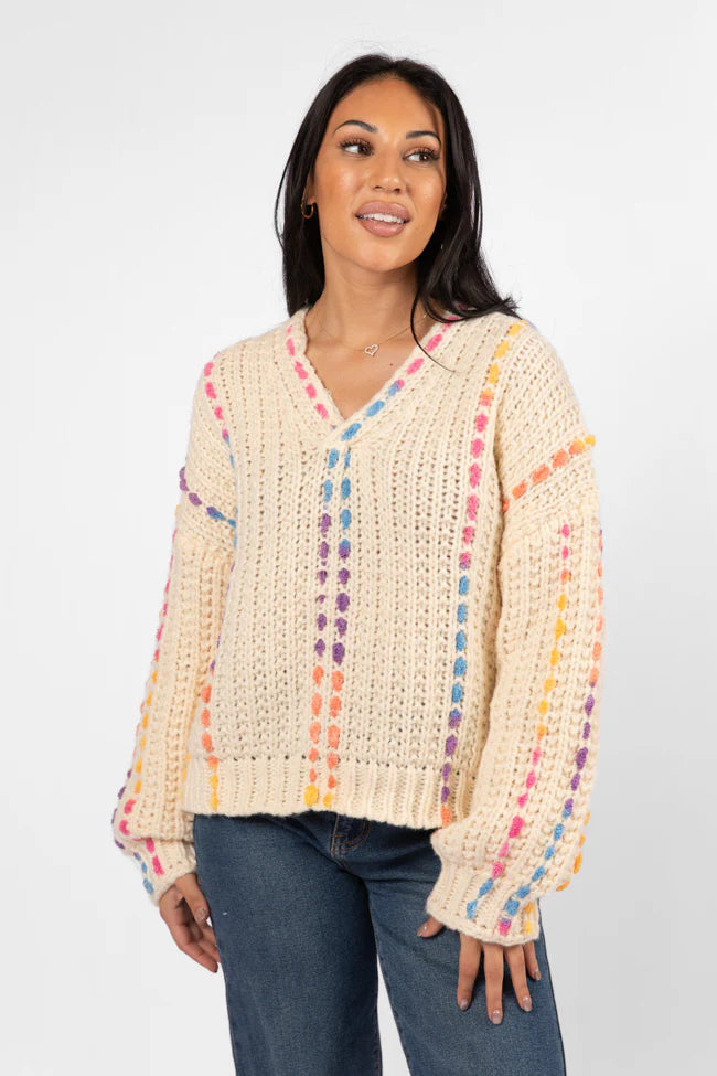 Day We Met Cream Multi Color Stitched Detail V-Neck Sweater SALE