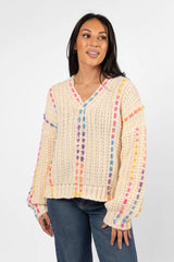 Day We Met Cream Multi Color Stitched Detail V-Neck Sweater SALE