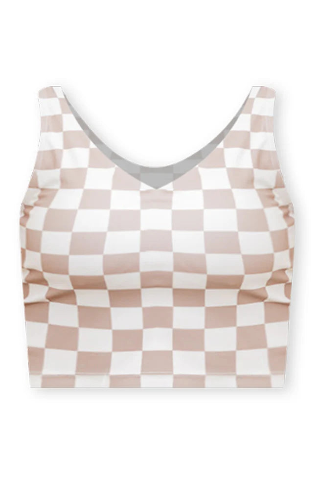 Miles Ahead Cropped Beige Checkered V-neck Tank Bra Top FINAL SALE