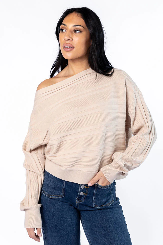 Feels Right Beige Off The Shoulder Ribbed Sweater