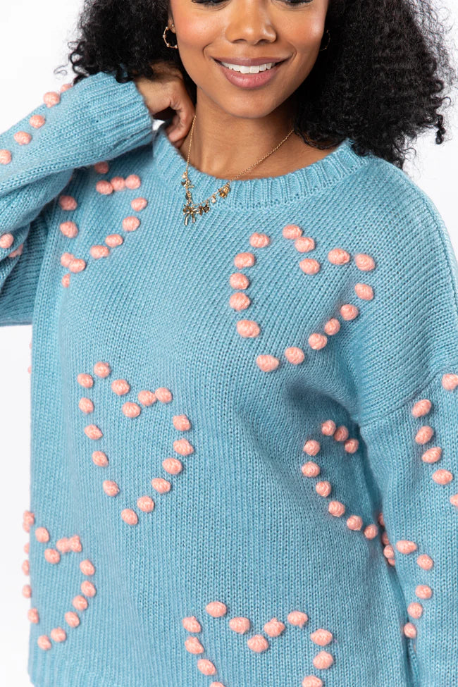 Adore You Blue and Pink Oversized Heart Pom Sweater FINAL SALE