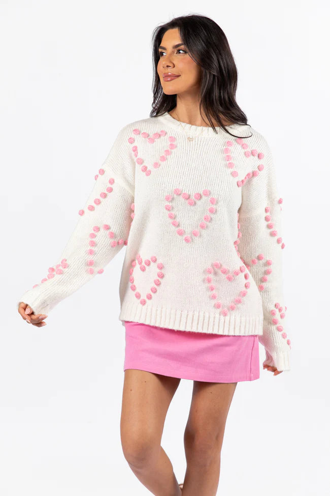 Adore You Ivory and Pink Oversized Heart Pom Sweater FINAL SALE