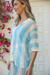 Along The Beach Blue Button Up Crochet Striped Top SALE