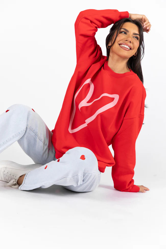 Heart Sketch Red Oversized Graphic Sweatshirt