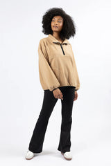 Outside The Box Beige Contrast Trim Fleece Pullover SALE