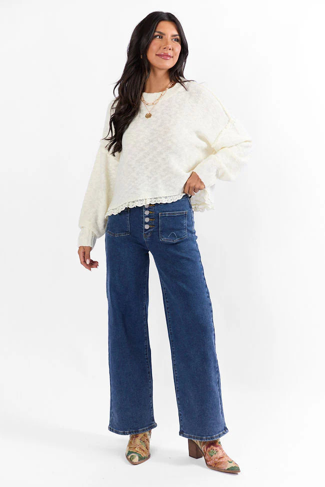 Harp On It Cream Lace Hem Crew Neck Sweater