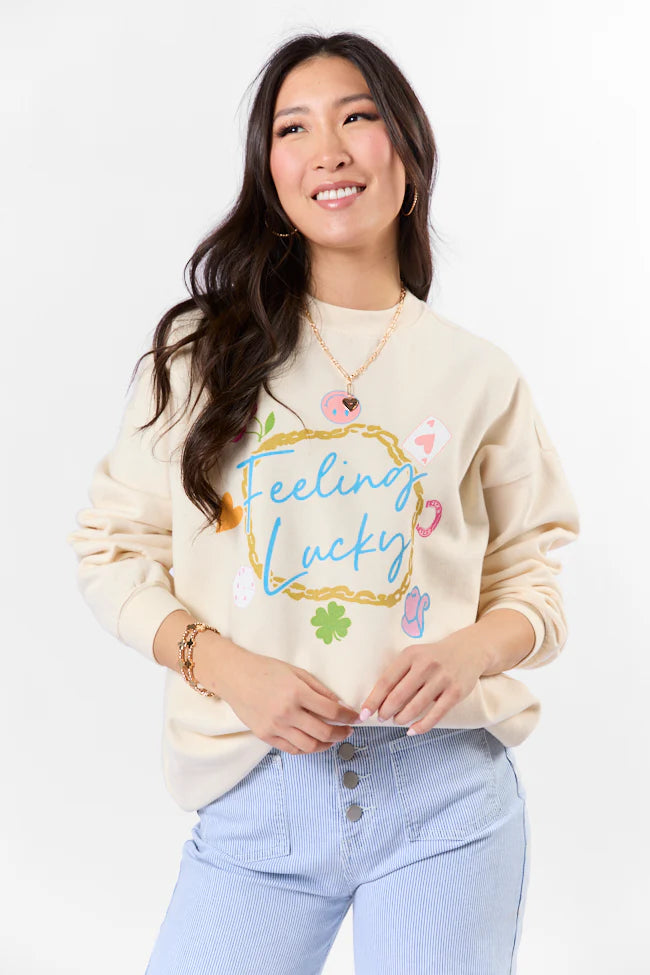 Feeling Lucky Sweet Cream Oversized Graphic Sweatshirt