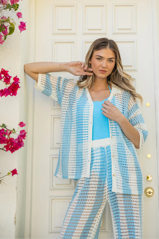 Along The Beach Blue Button Up Crochet Striped Top SALE