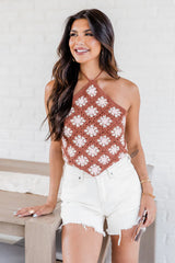 Loved By You Brown Halter Neck Crochet Tank FINAL SALE