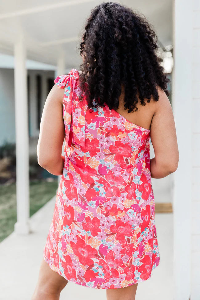 Thriving All Night One Shoulder Dress in Watercolor Red Floral Print FINAL SALE