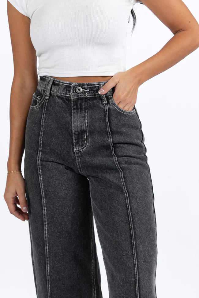 Estelle Black Acid Wash Wide Leg Front Seam Denim Pants