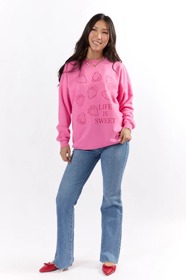 Life Is Sweet Strawberries Pink Oversized Graphic Sweatshirt