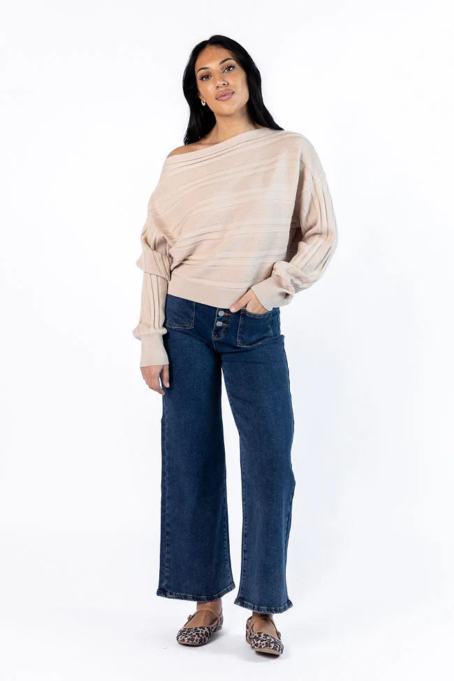 Feels Right Beige Off The Shoulder Ribbed Sweater