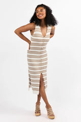 Endless Coastline Taupe and Ivory Striped Knit Sweater Dress