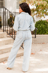 One More Time Long Sleeve Belted Denim Button Up Jumpsuit FINAL SALE