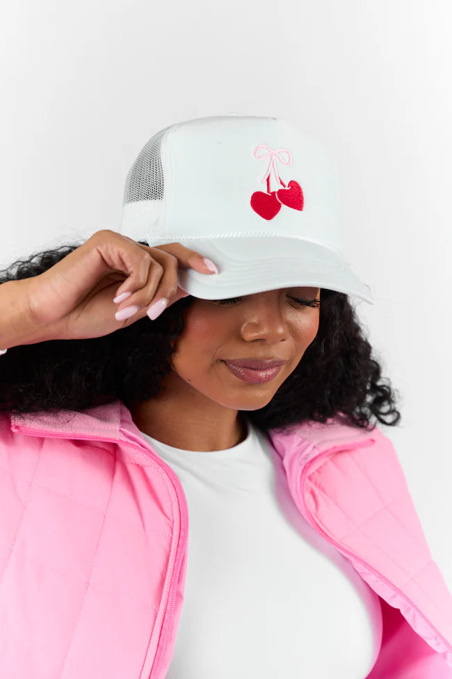 Bow Cherries White Trucker Hat FINAL SALE