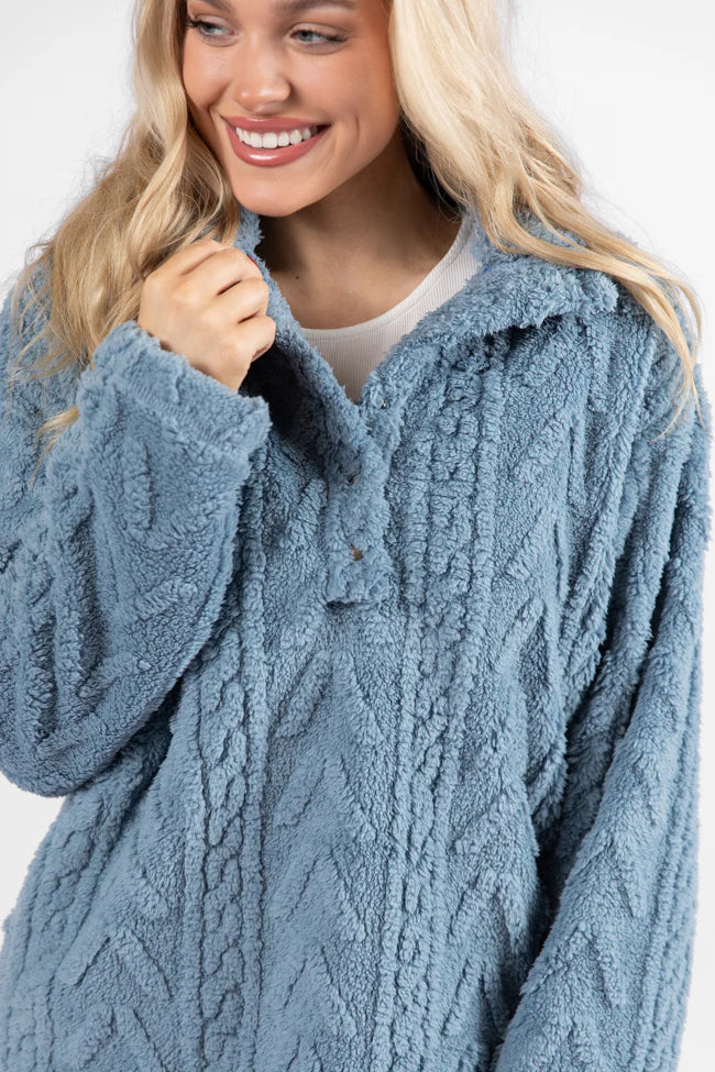 Take The Leap Blue Cable Detail Sherpa Pullover SALE