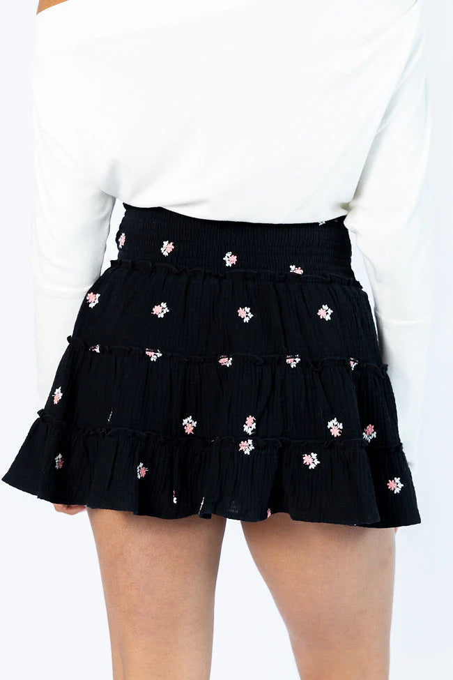 Through The Garden Black Gauze Floral Mini Skort