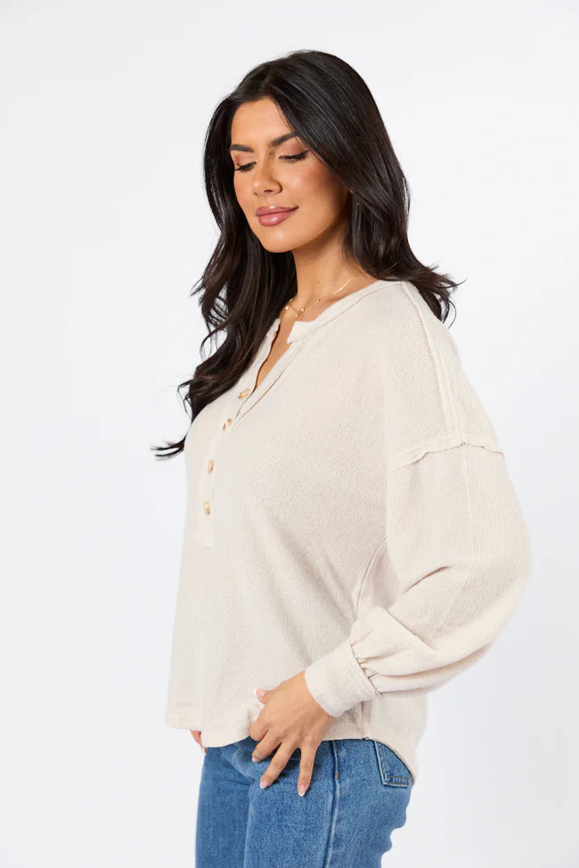 Any Other Way Oatmeal Brushed Rib Henley Knit Long Sleeve Top