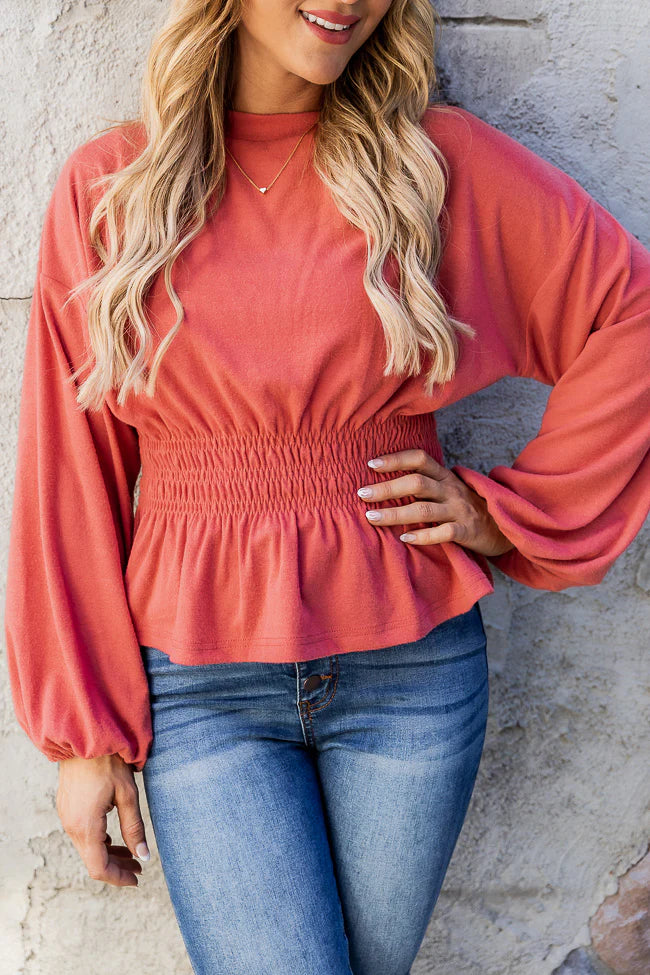 Making It Work Coral Brushed Knit Smocked Waist Blouse FINAL SALE