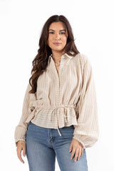 My Hands Are Tied Taupe Striped Drawstring Button Down Blouse