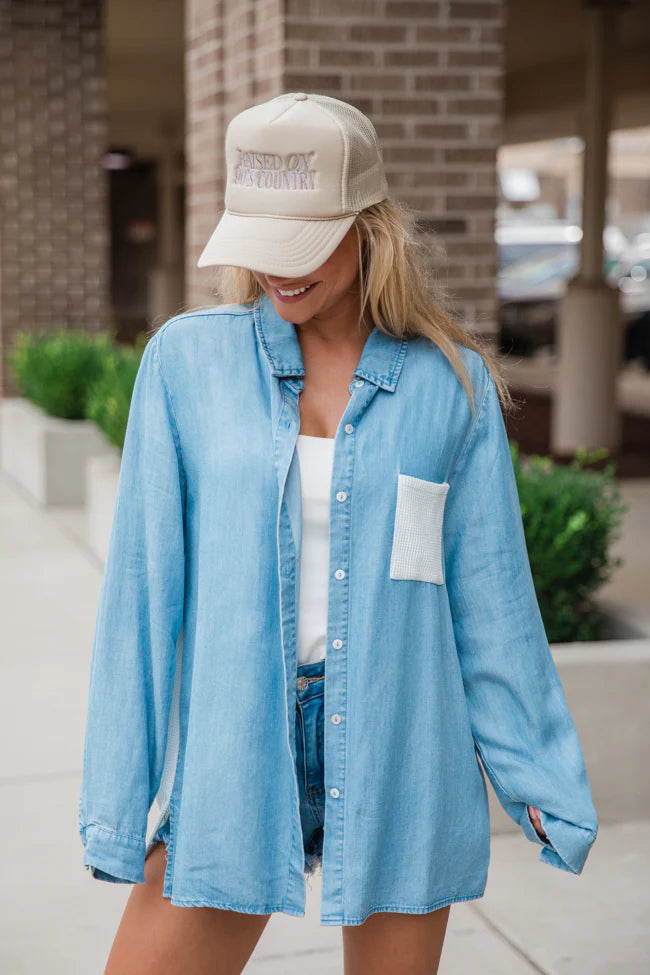 Talk It Over Waffle Detail Chambray Button Front Blouse SALE