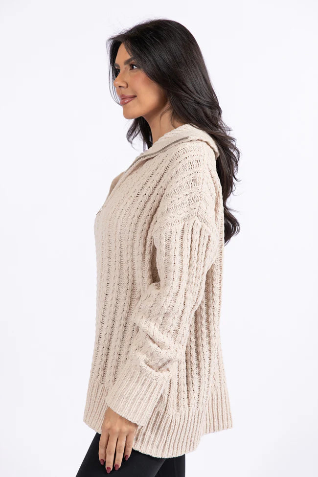 Forever Yours Beige Cable Knit Chenille Quarter Zip Sweater SALE