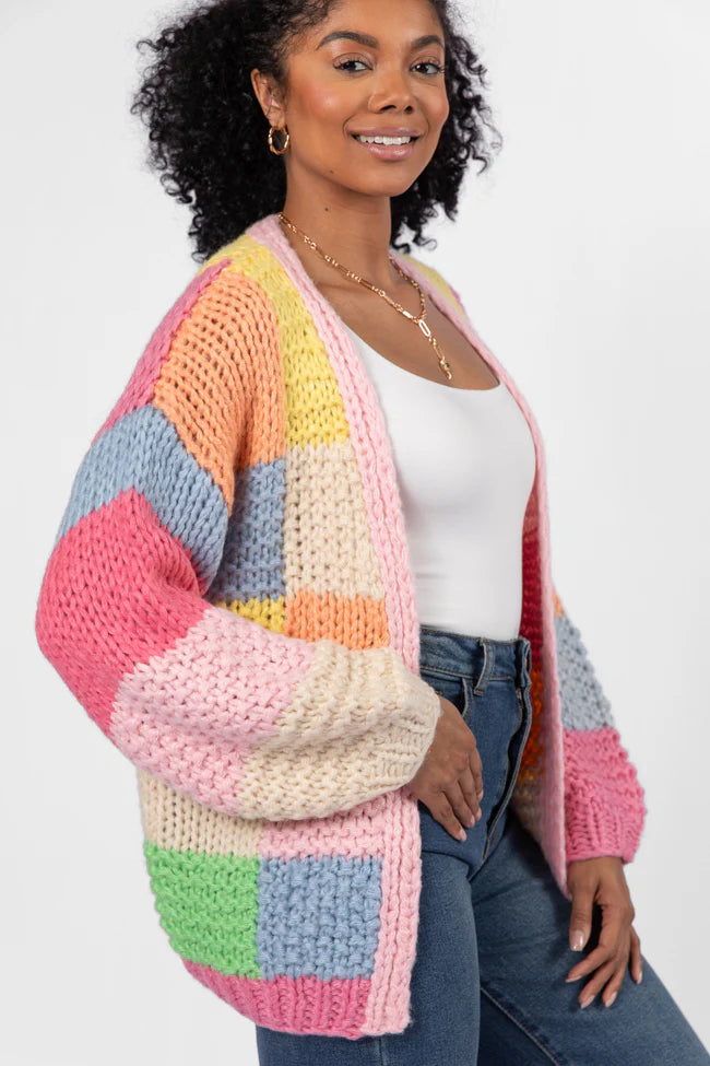 Still Deciding Pink Multi Color Block Cardigan