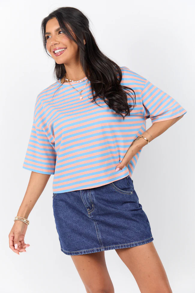 Keep It Casual Blue and Coral Multi Boxy Striped Tee