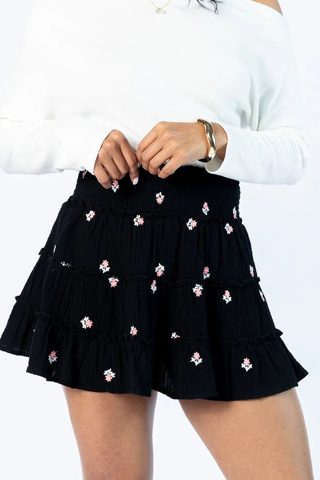 Through The Garden Black Gauze Floral Mini Skort