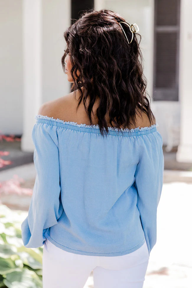 In The Countryside Medium Wash Off The Shoulder Button Front Chambray Blouse FINAL SALE