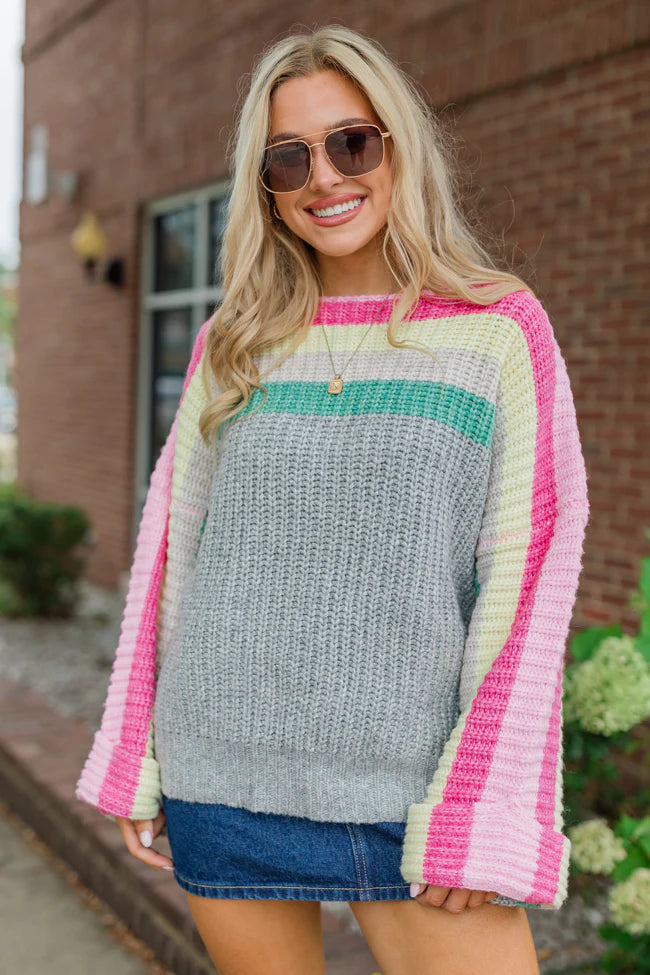 Share Your Story Heather Grey Multi Colorblock Boat Neck Sweater