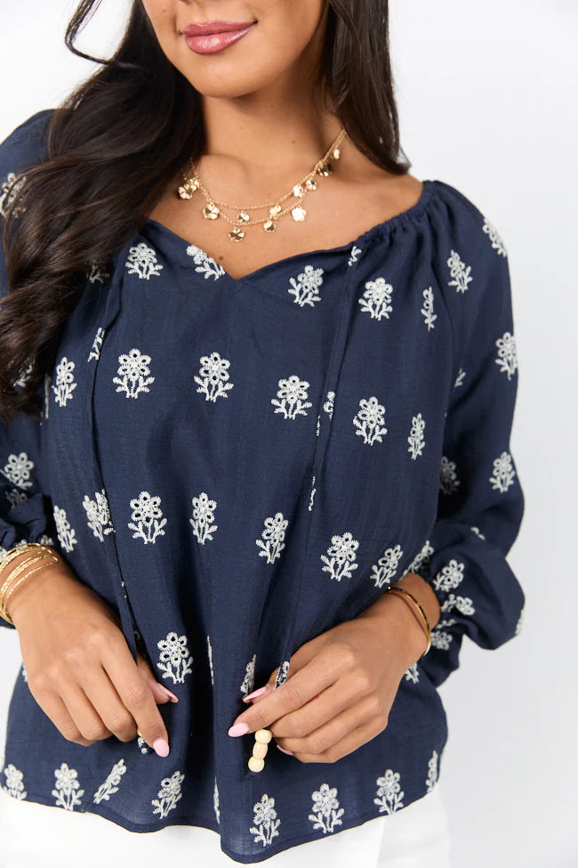 Come Along Navy Embroidered Woven Pop Over Blouse