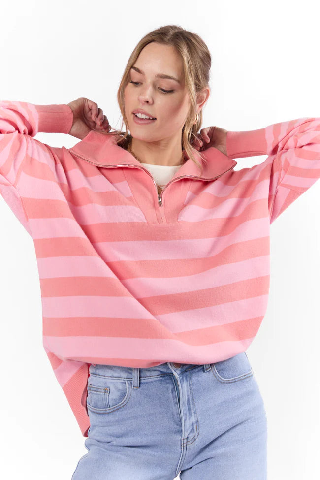 Pulling Heartstrings Coral Multi Stripe Quarter Zip Pullover