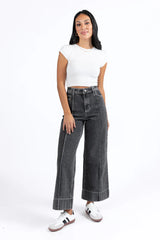 Estelle Black Acid Wash Wide Leg Front Seam Denim Pants