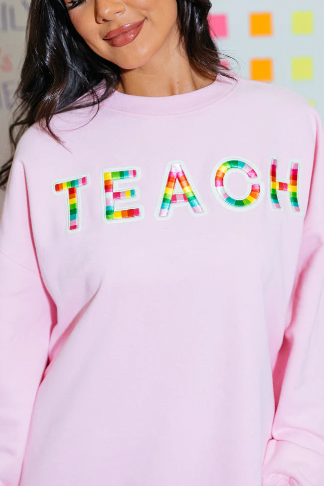 Classroom Colors Chenille Patch Light Pink Oversized Graphic Sweatshirt FINAL SALE