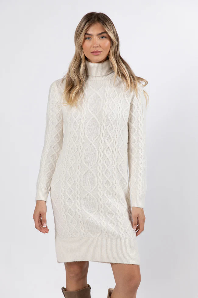 Let's Go Places Ivory Cable Knit Turtleneck Dress FINAL SALE