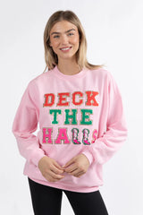 Deck The Halls Chenille Patch Light Pink Oversized Graphic Sweatshirt FINAL SALE