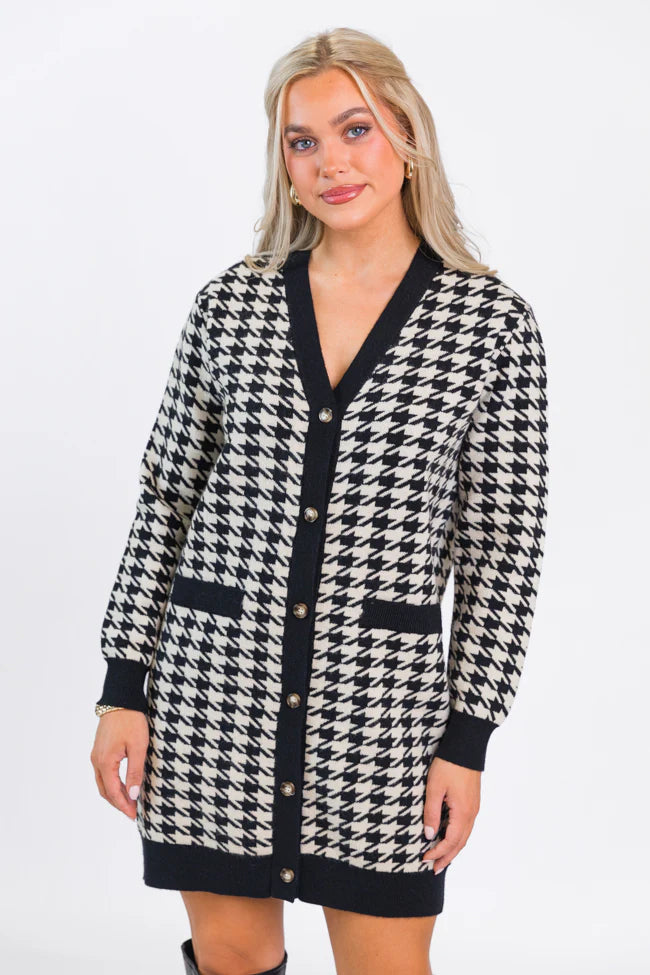 Where You Belong Houndstooth Button Front Cardigan Dress