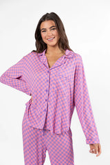 Good To Get Away Light Pink and Lilac Checkered Long Sleeve Pajama Top