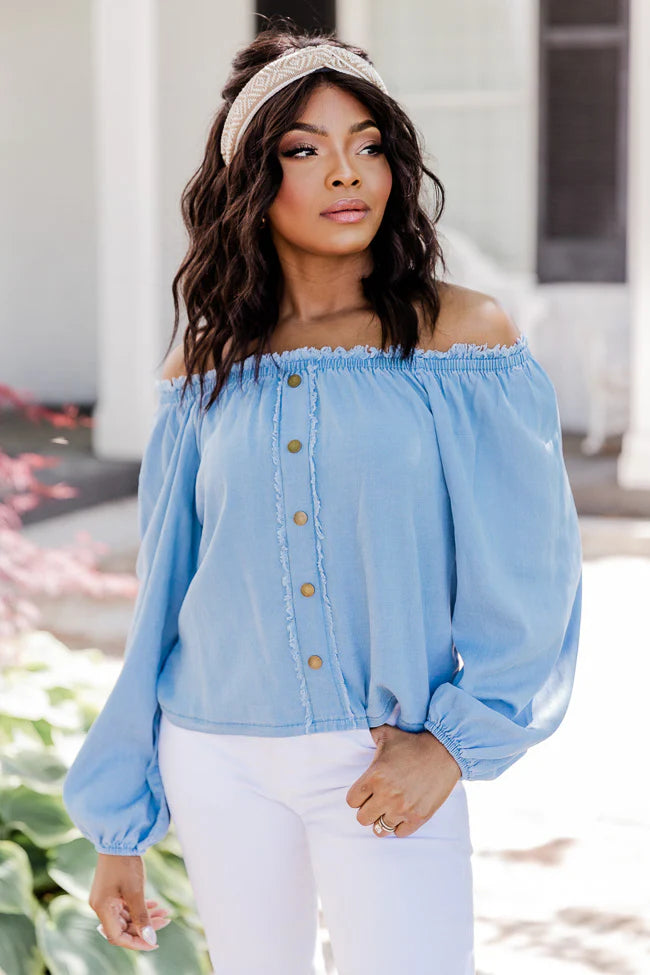 In The Countryside Medium Wash Off The Shoulder Button Front Chambray Blouse FINAL SALE