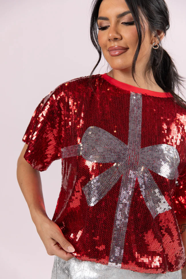 Bow On Top Red Sequin Bow Top FINAL SALE