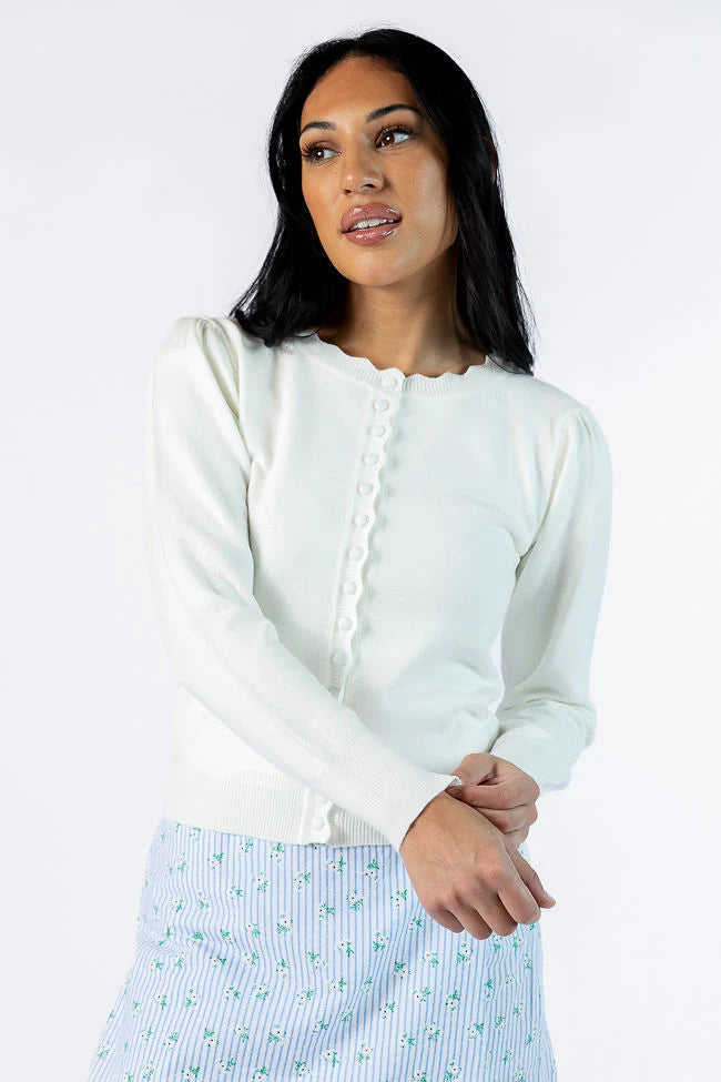 Perfect Clarity Ivory Scalloped Trim Cardigan