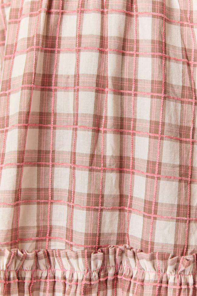 Checked Treasures Pink and Brown Plaid Tiered Midi Dress