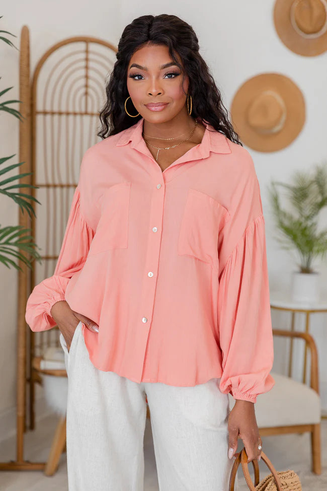 Back For You Coral Balloon Sleeve Button Front Blouse FINAL SALE