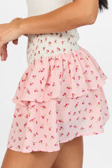 Special Day Ivory and Pink Multi Floral Color Block Tiered Skort