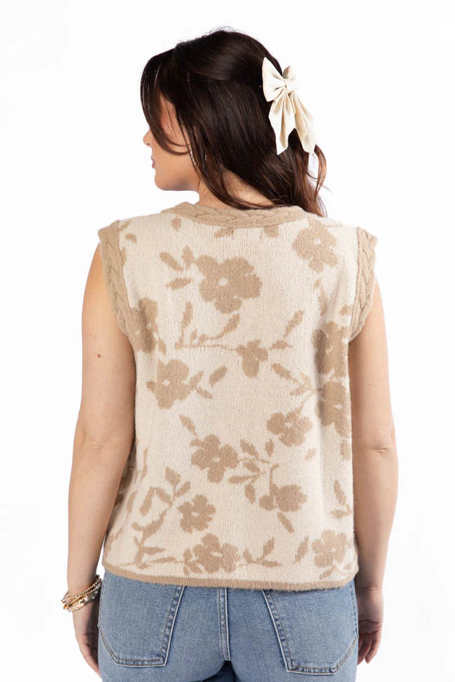 Truly Yours Natural and Taupe Floral Print Sweater Vest