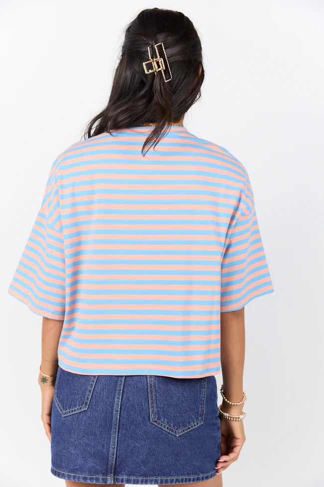 Keep It Casual Blue and Coral Multi Boxy Striped Tee