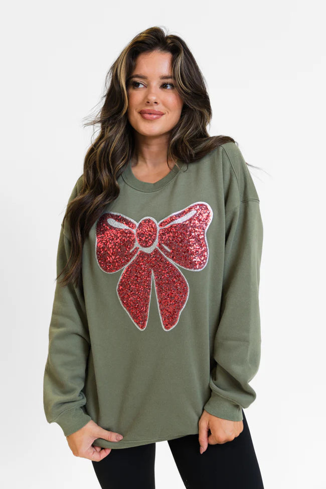 Bow Sequins Patch Olive Oversized Graphic Sweatshirt FINAL SALE